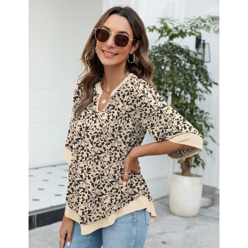Women's Chiffon Blouse 3/4 Sleeve V Neck Double Layers Mesh Flowy Top - Picture 4 of 5